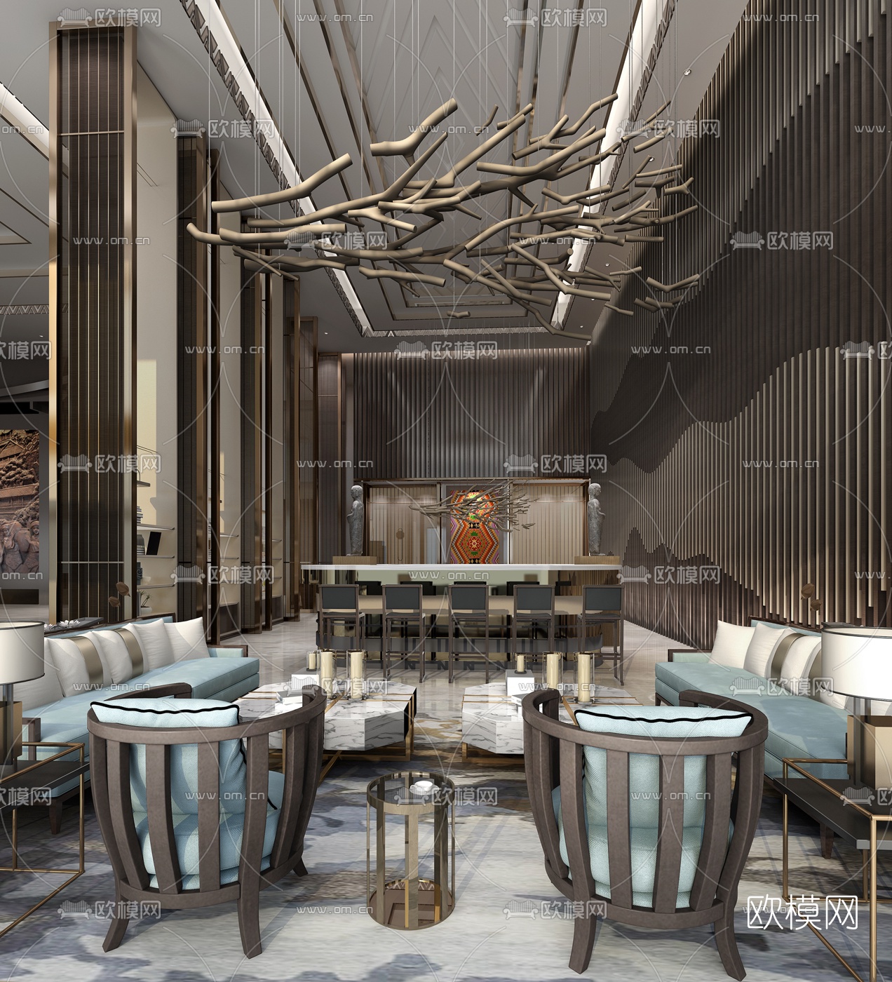 新中式酒店大堂吧休息区3d模型