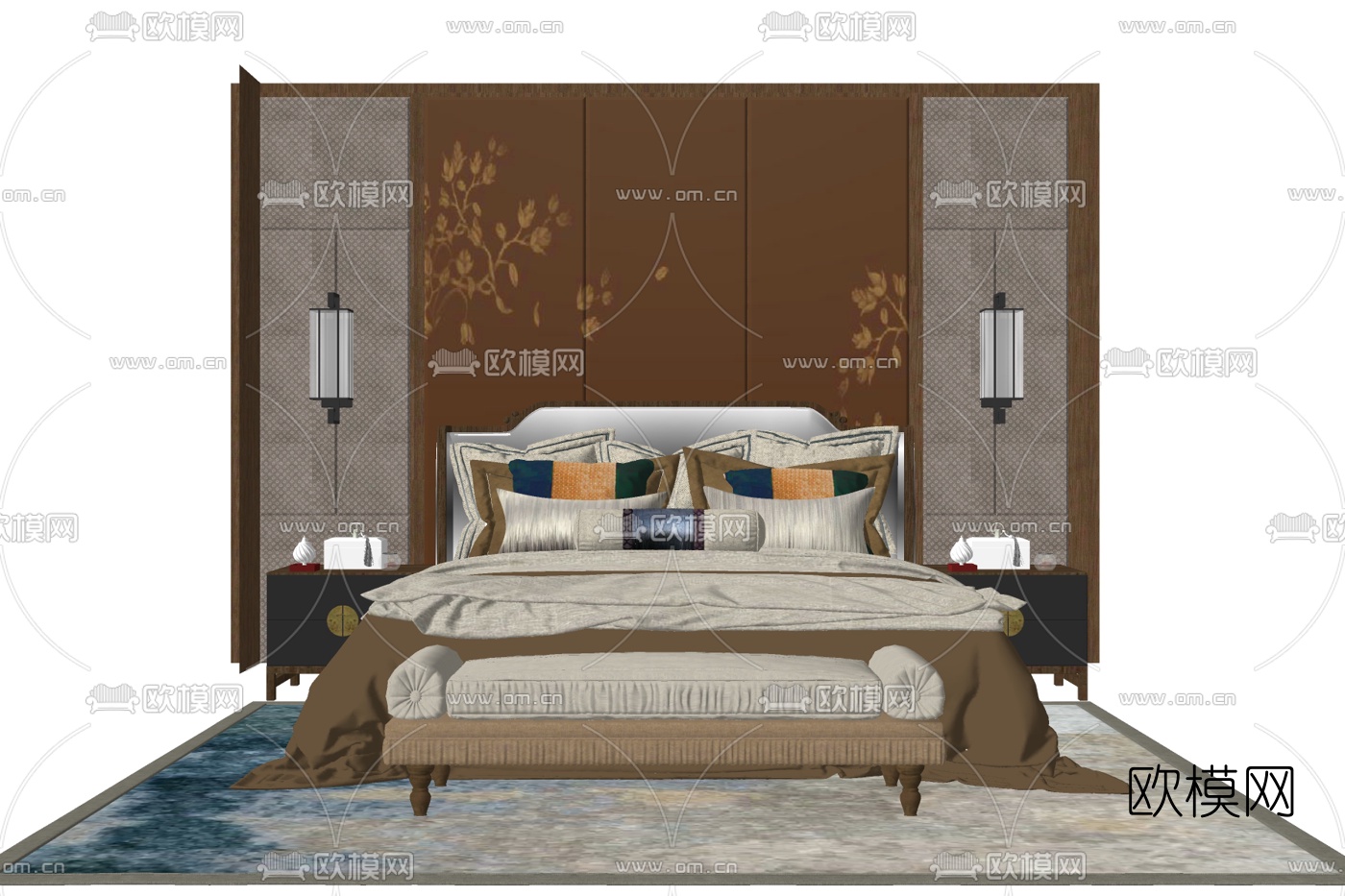新中式实木双人床su模型下载