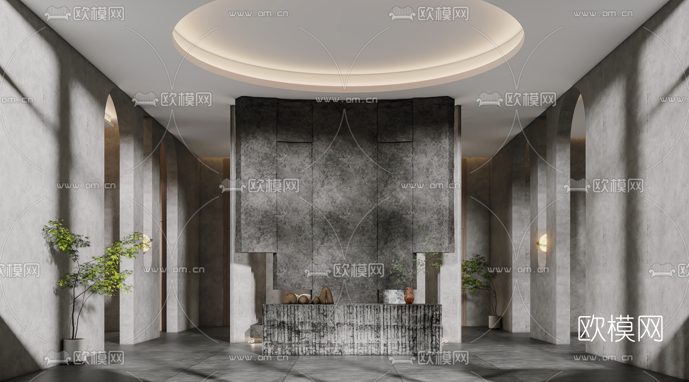 侘寂酒店会所大堂前台中庭休息区3d模型下载（渲染图1）