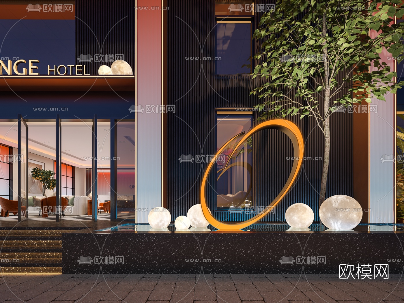 现代酒店门头夜景3d模型