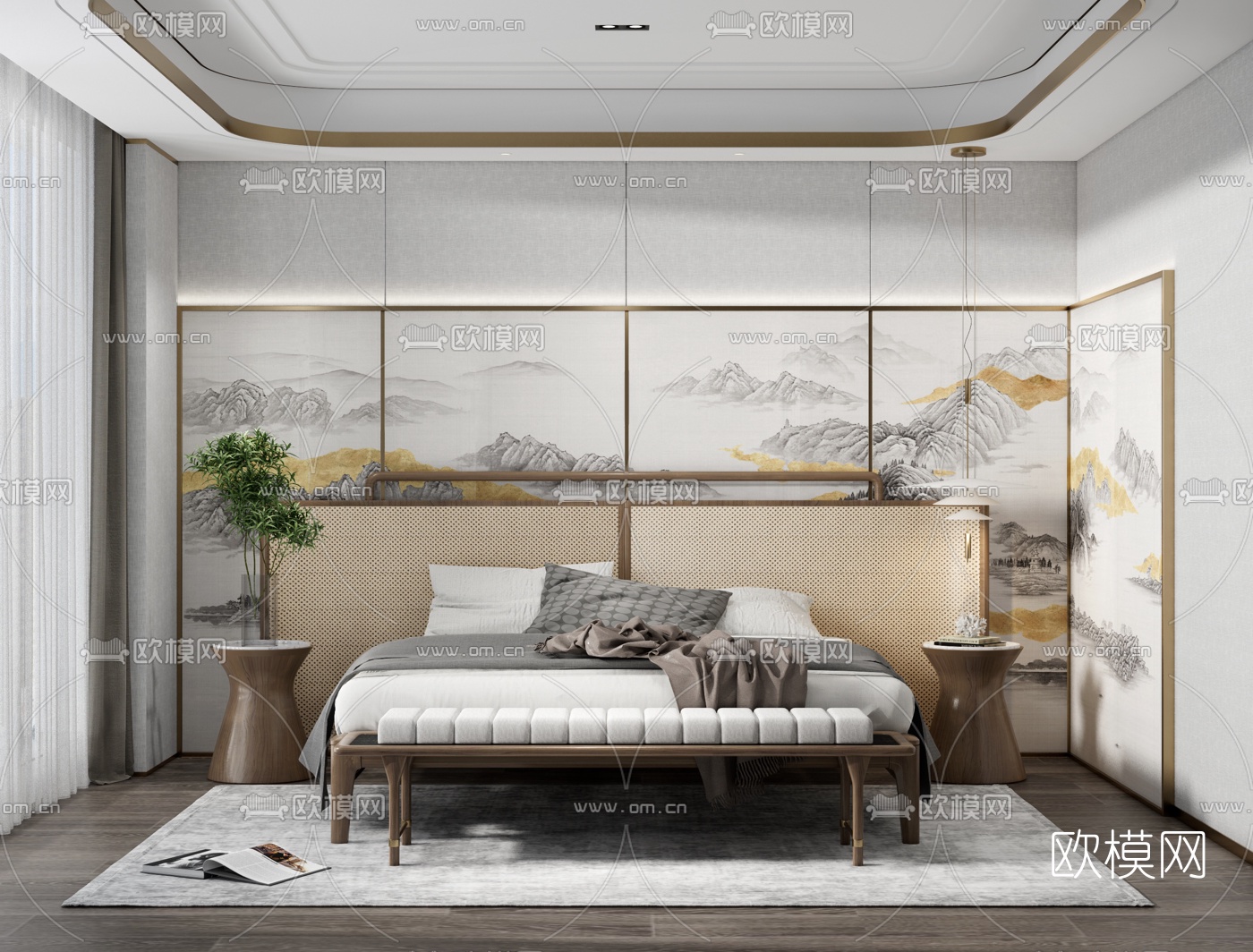 新中式卧室su模型