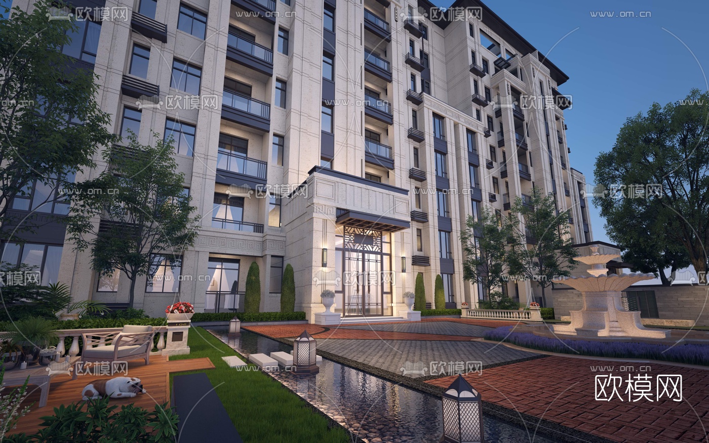 新古典住宅楼外观夜景3d模型下载