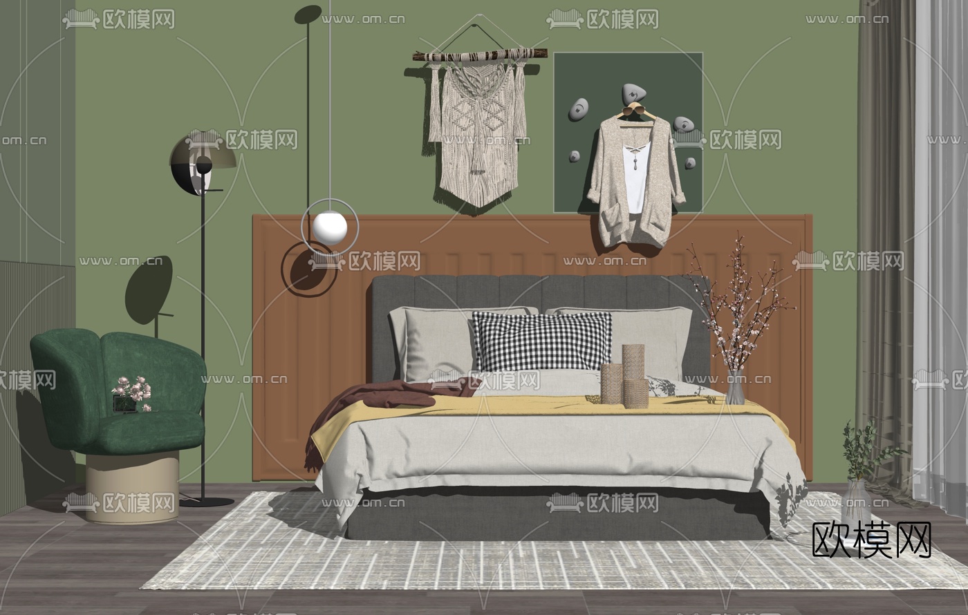 北欧布艺双人床su模型下载