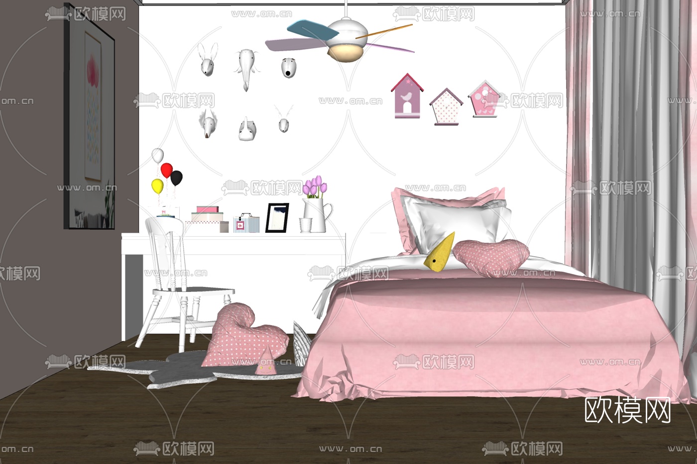 北欧粉色女孩房su模型下载