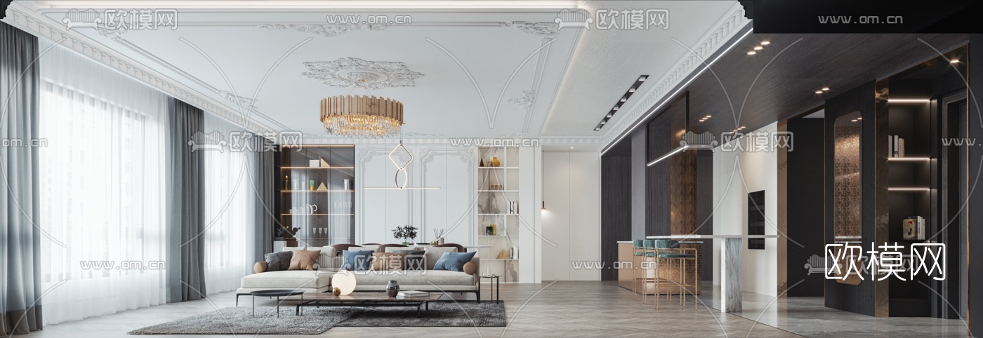 简欧客厅餐厅3d模型下载（渲染图7）