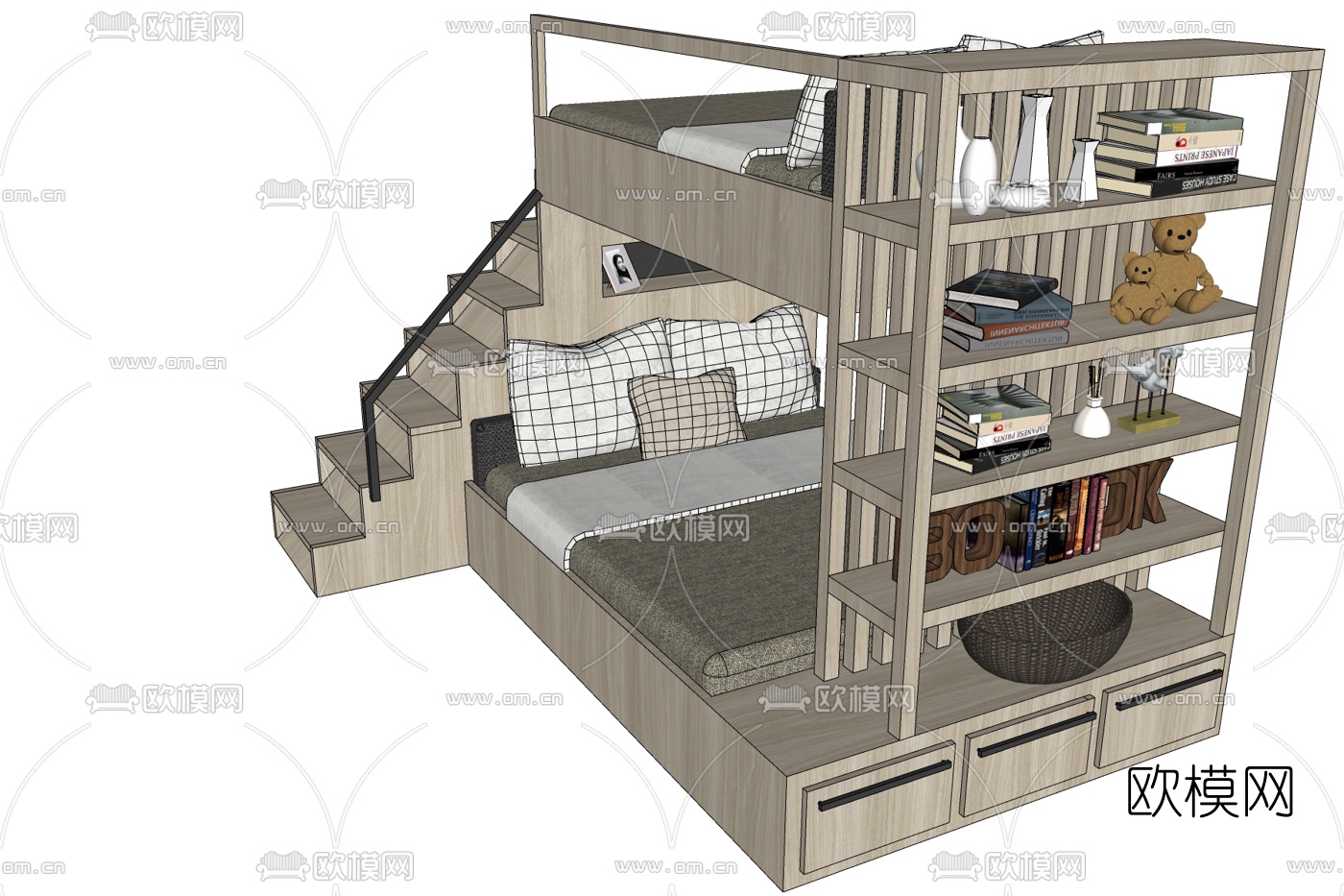 现代实木儿童高低床免费su模型下载