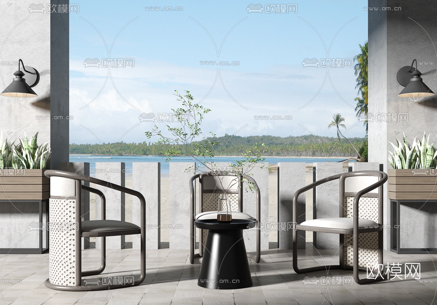 新中式编藤户外休闲椅角几3d模型下载