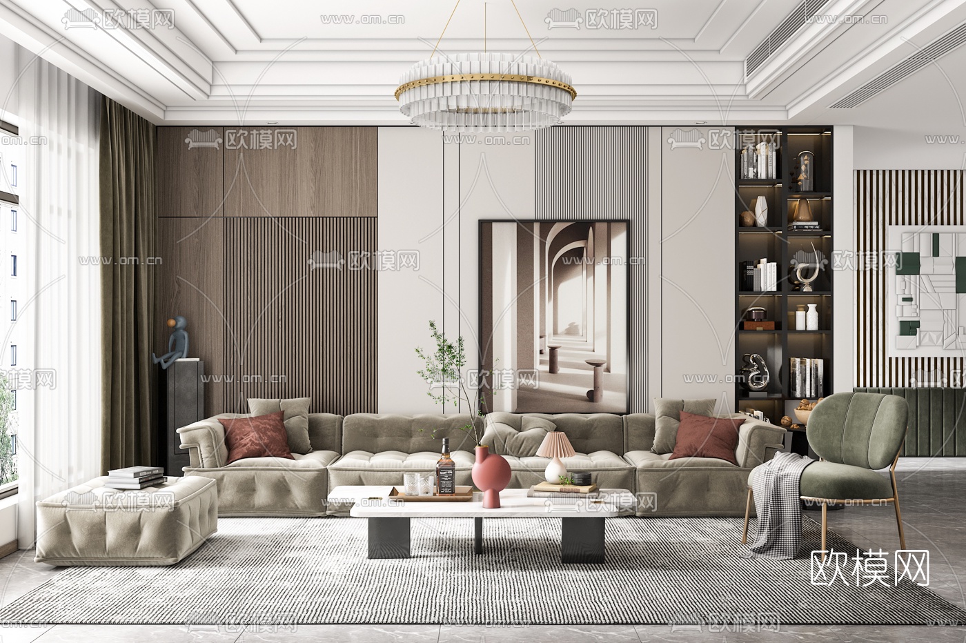 现代绒布沙发组合3d模型下载（渲染图1）