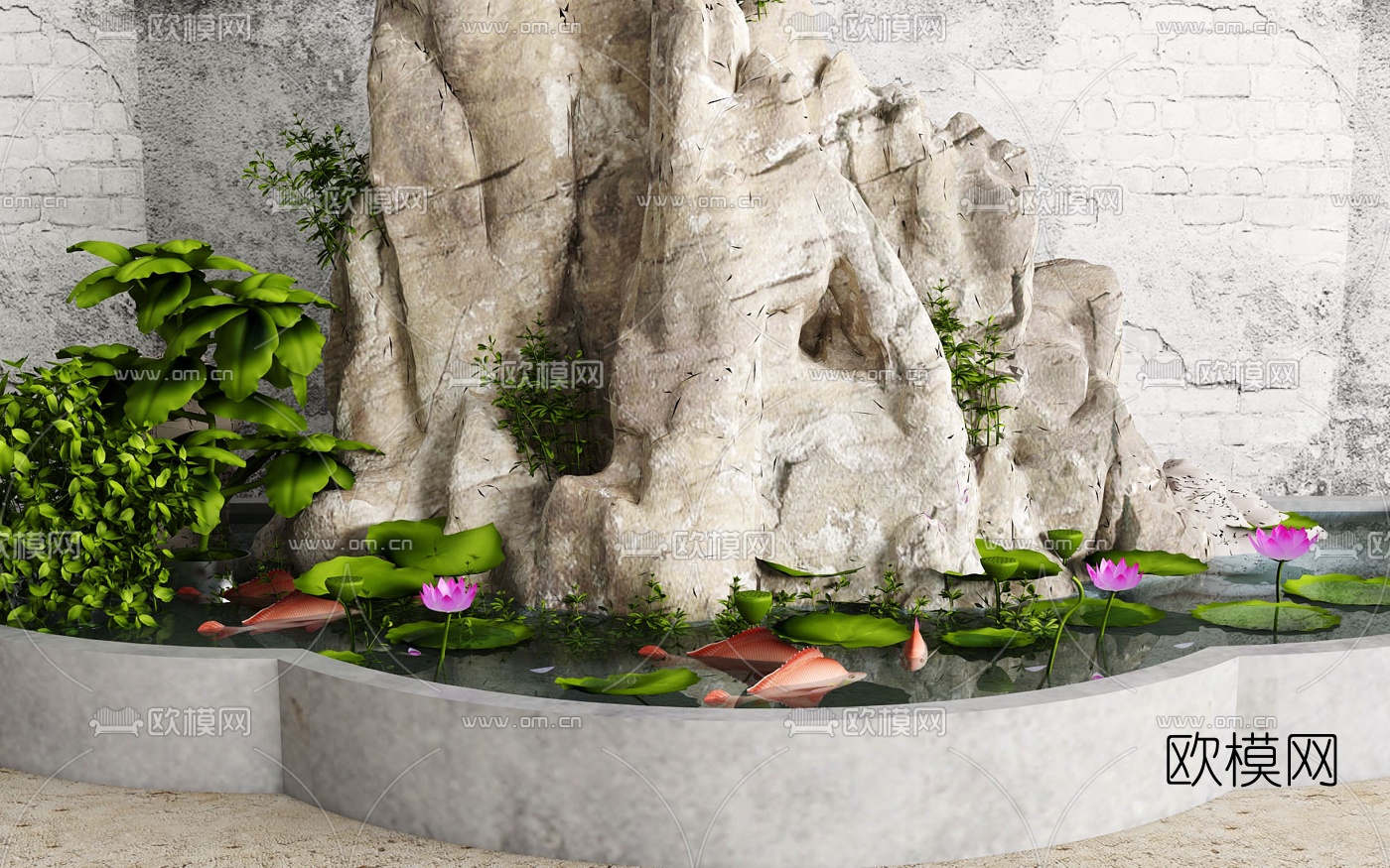 新中式假山鱼池园艺小品3d模型下载