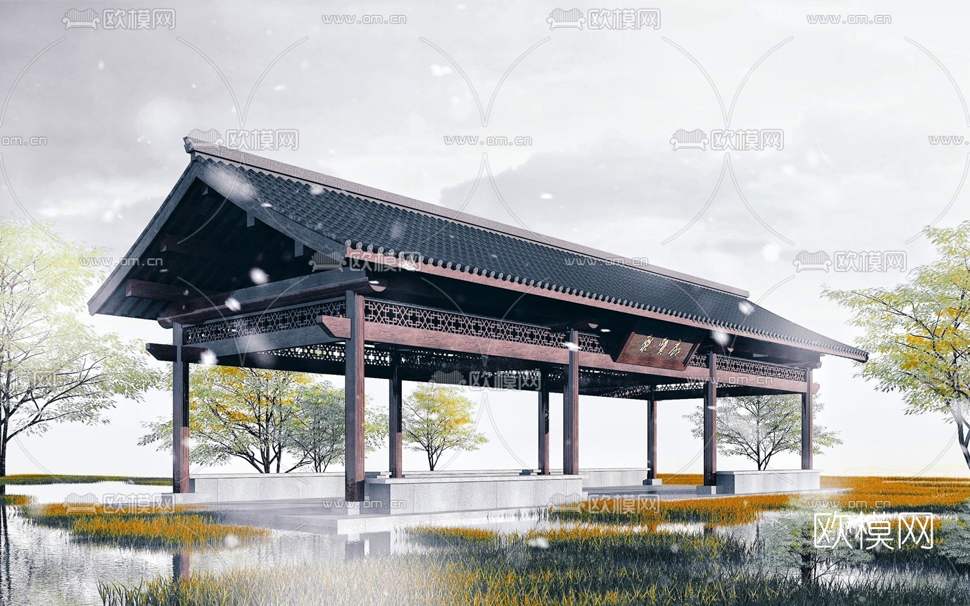 中式古建休闲长廊3d模型下载