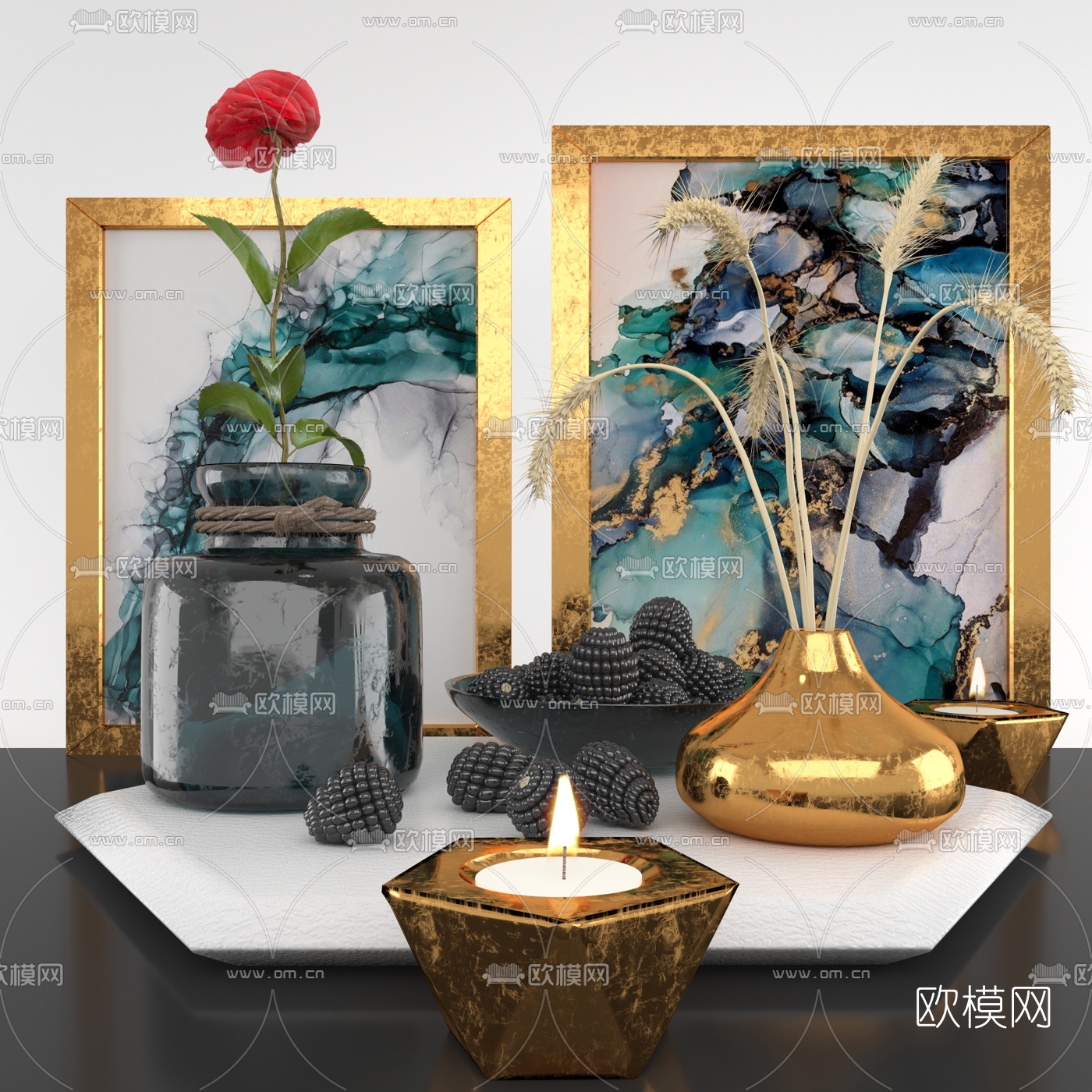 现代插花花瓶烛台灯摆件3d模型下载（渲染图1）