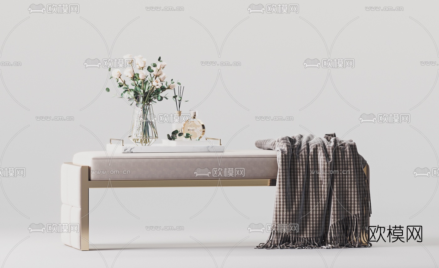 现代布艺床尾凳脚踏3d模型下载（渲染图2）