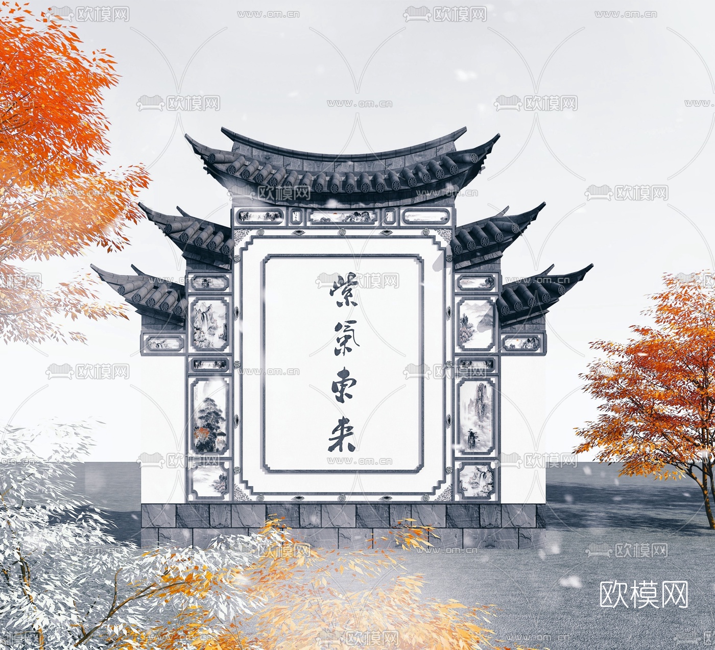 中式飞檐影壁景墙3d模型下载