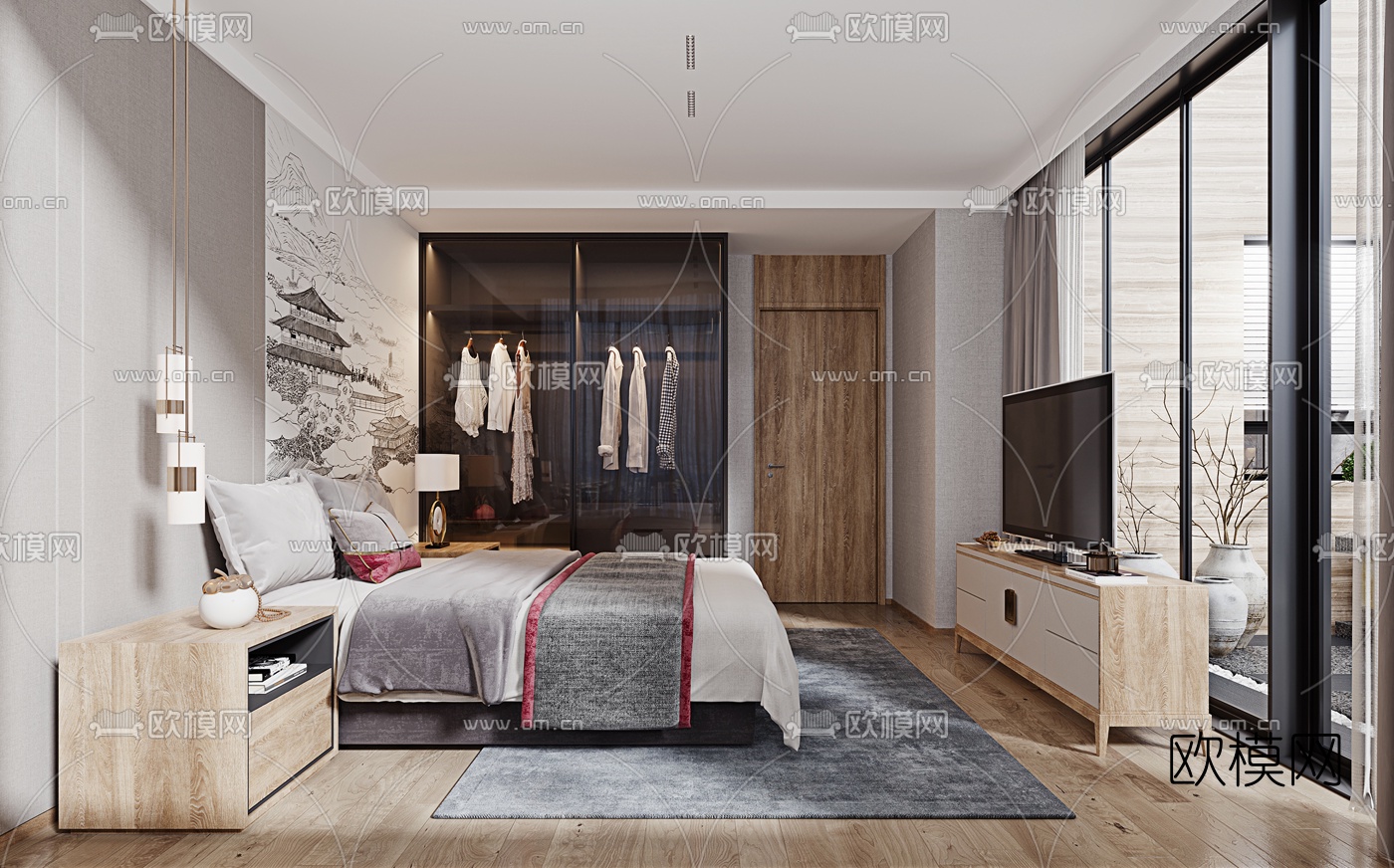 新中式简约复式客厅卧室3d模型下载（渲染图2）