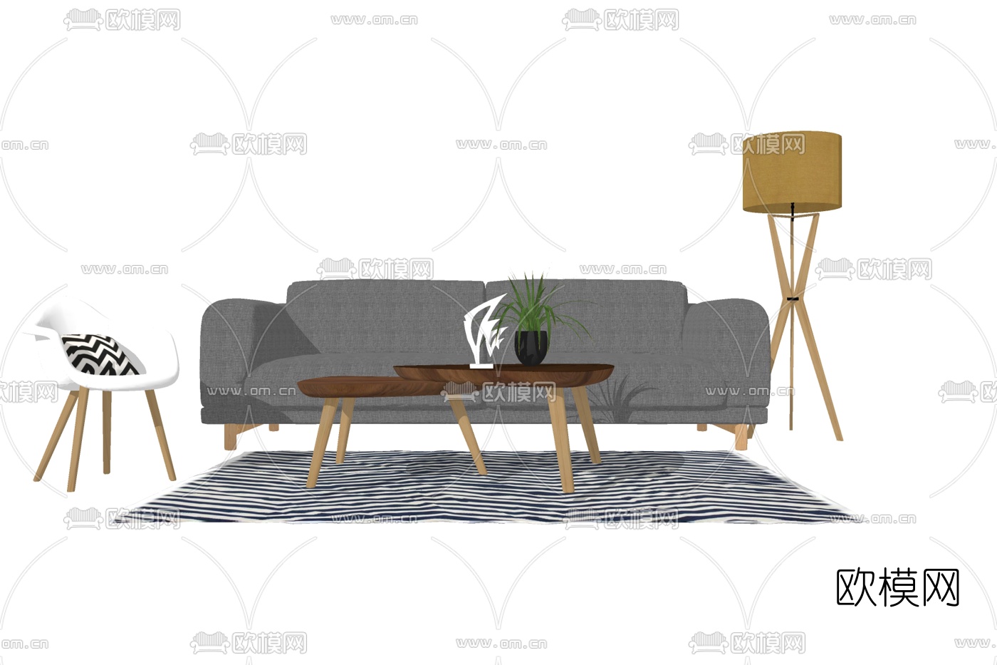 北欧布艺组合沙发su模型下载