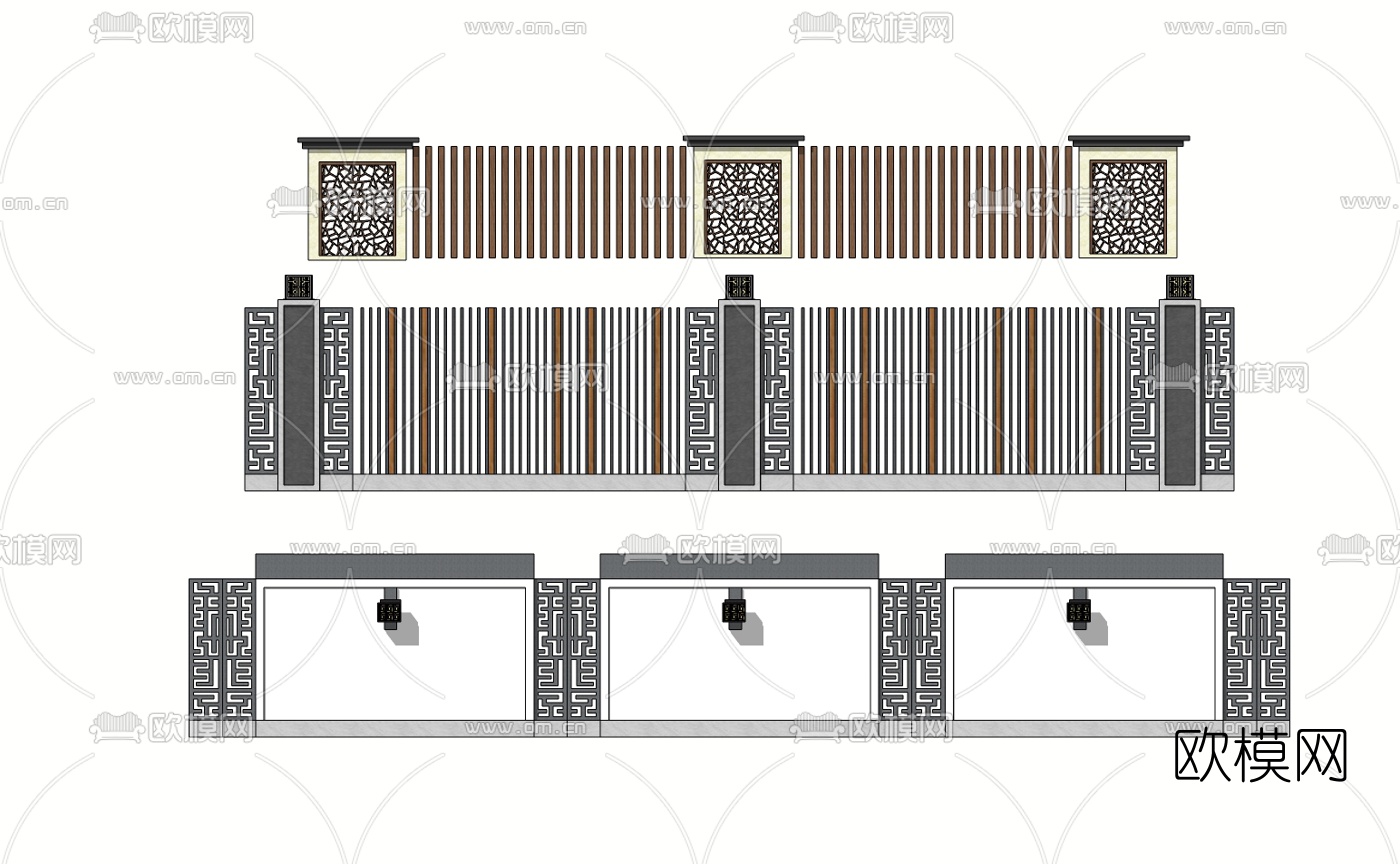 新中式圍牆護欄su模型