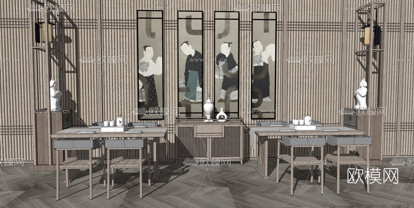日式茶桌茶台su模型