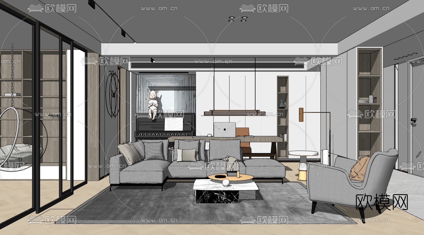 现代轻奢客厅书房su模型下载（渲染图2）