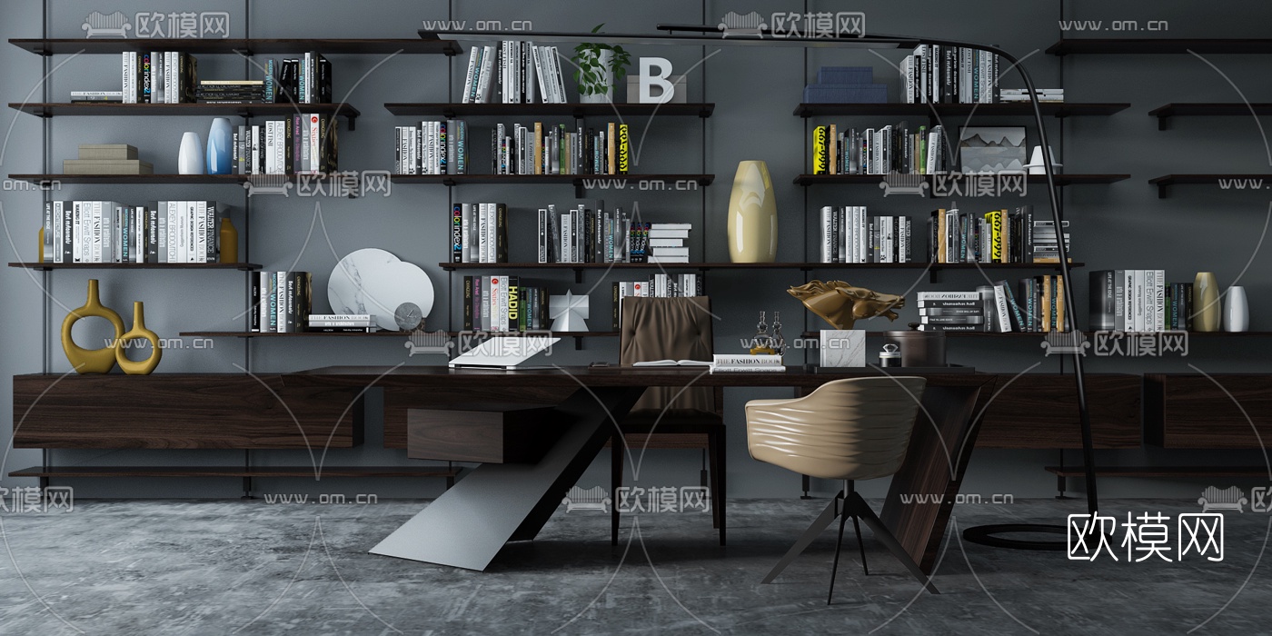 Cattelan Italia 现代实木班台书桌3d模型下载（渲染图1）