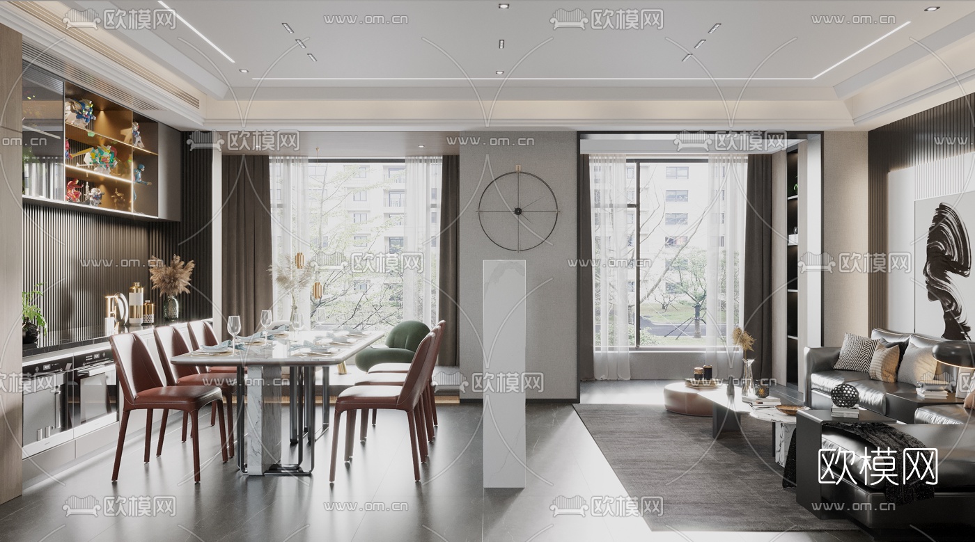 现代复式轻奢客厅餐厅3d模型