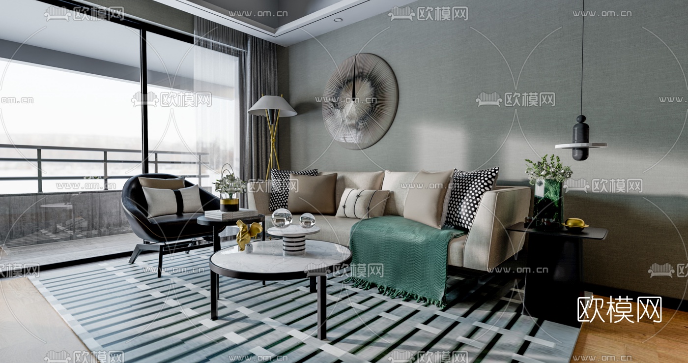 新中式布艺沙发组合su模型下载