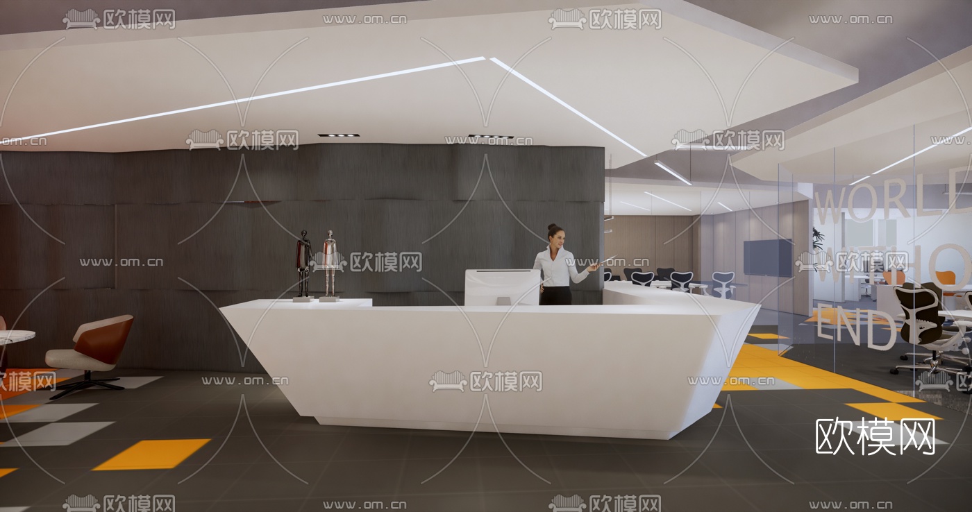 现代办公前台su模型下载（渲染图1）