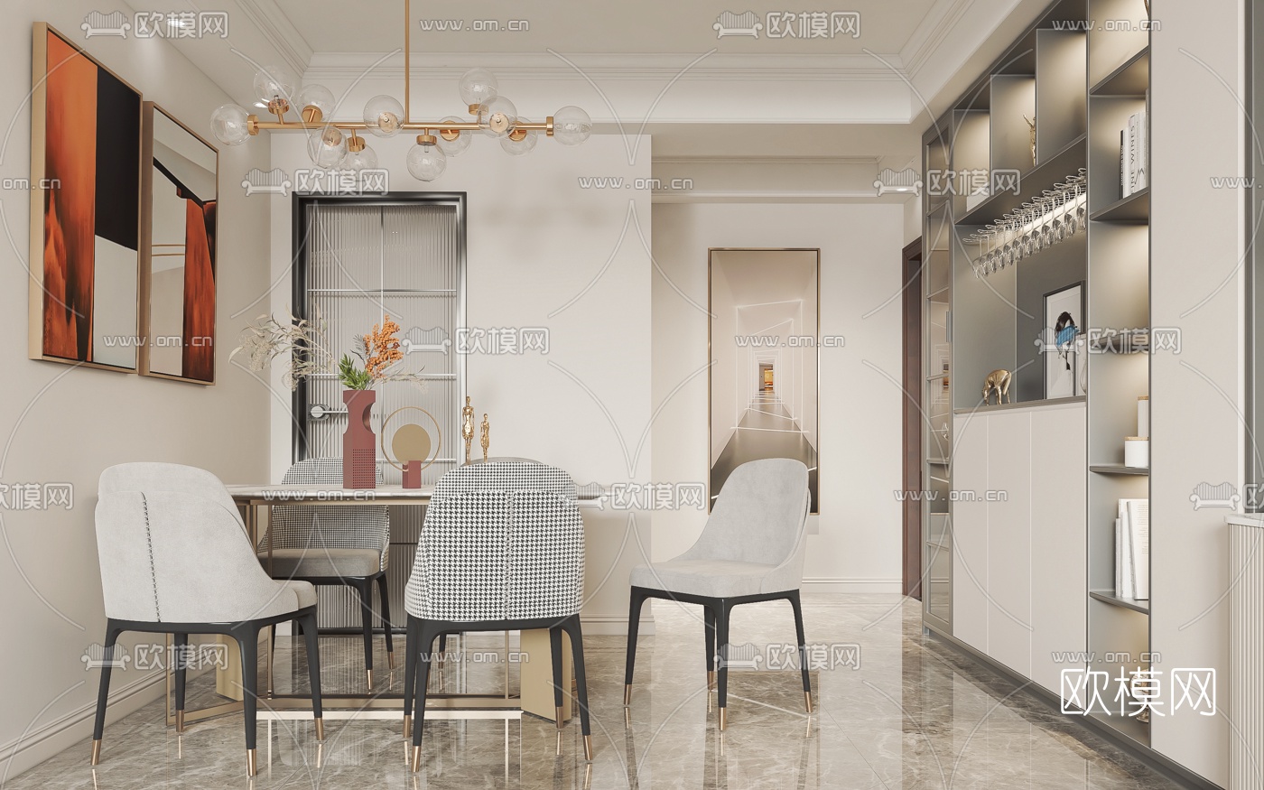 现代轻奢客厅餐厅3d模型