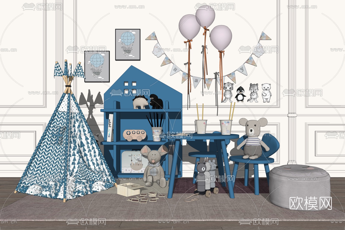 现代儿童桌椅su模型下载