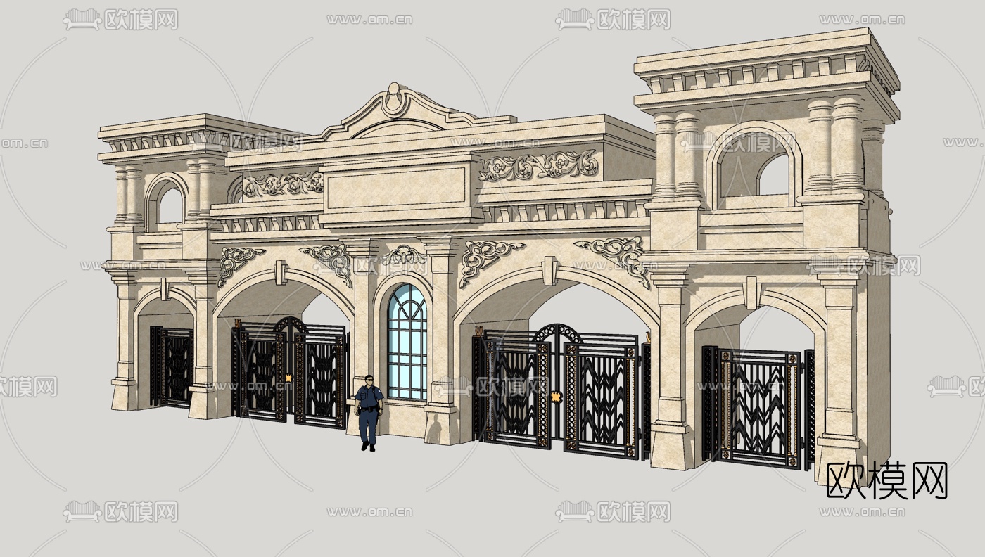 欧式小区大门su模型下载（渲染图2）
