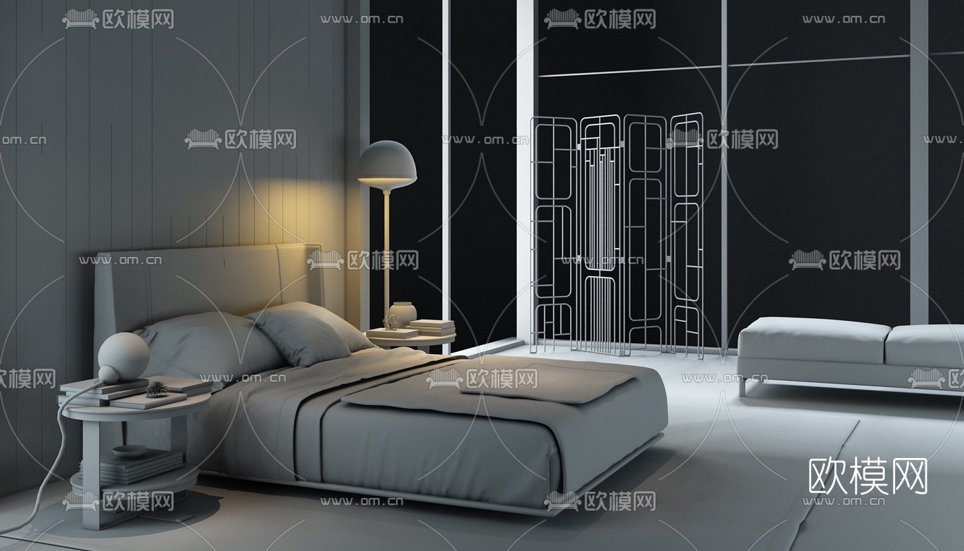 意大利B&BItalia品牌 现代双人床金属圆几3D模型下载（渲染图2）