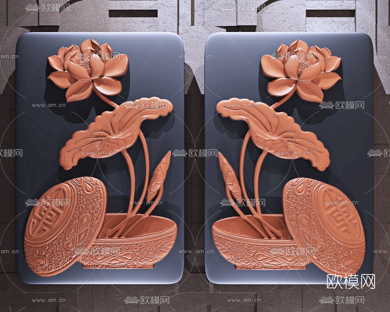 新中式荷花浮雕3d模型