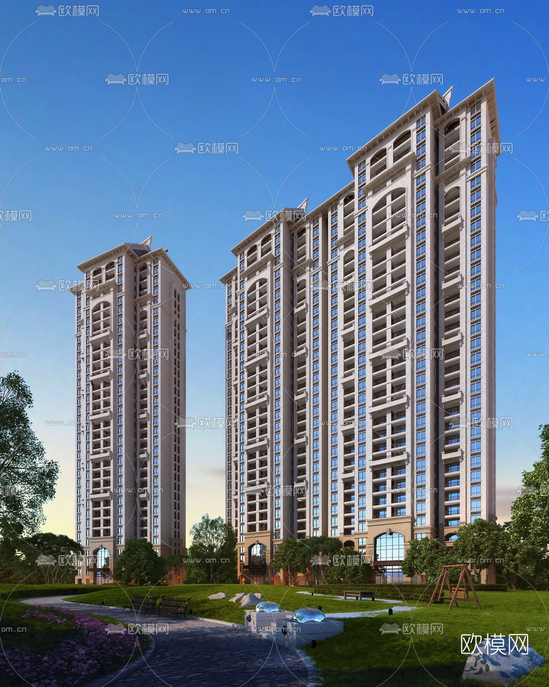 简欧小区高层住宅楼外观3d模型下载
