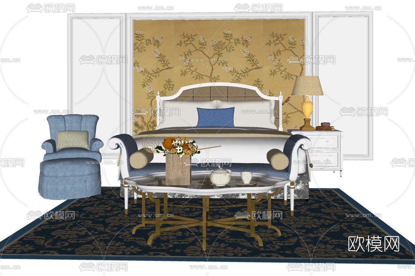 欧式布艺双人床su模型下载