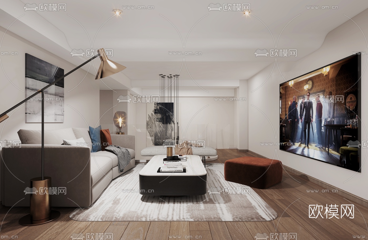 现代地下室休息室兵乓球室3d模型下载（渲染图1）