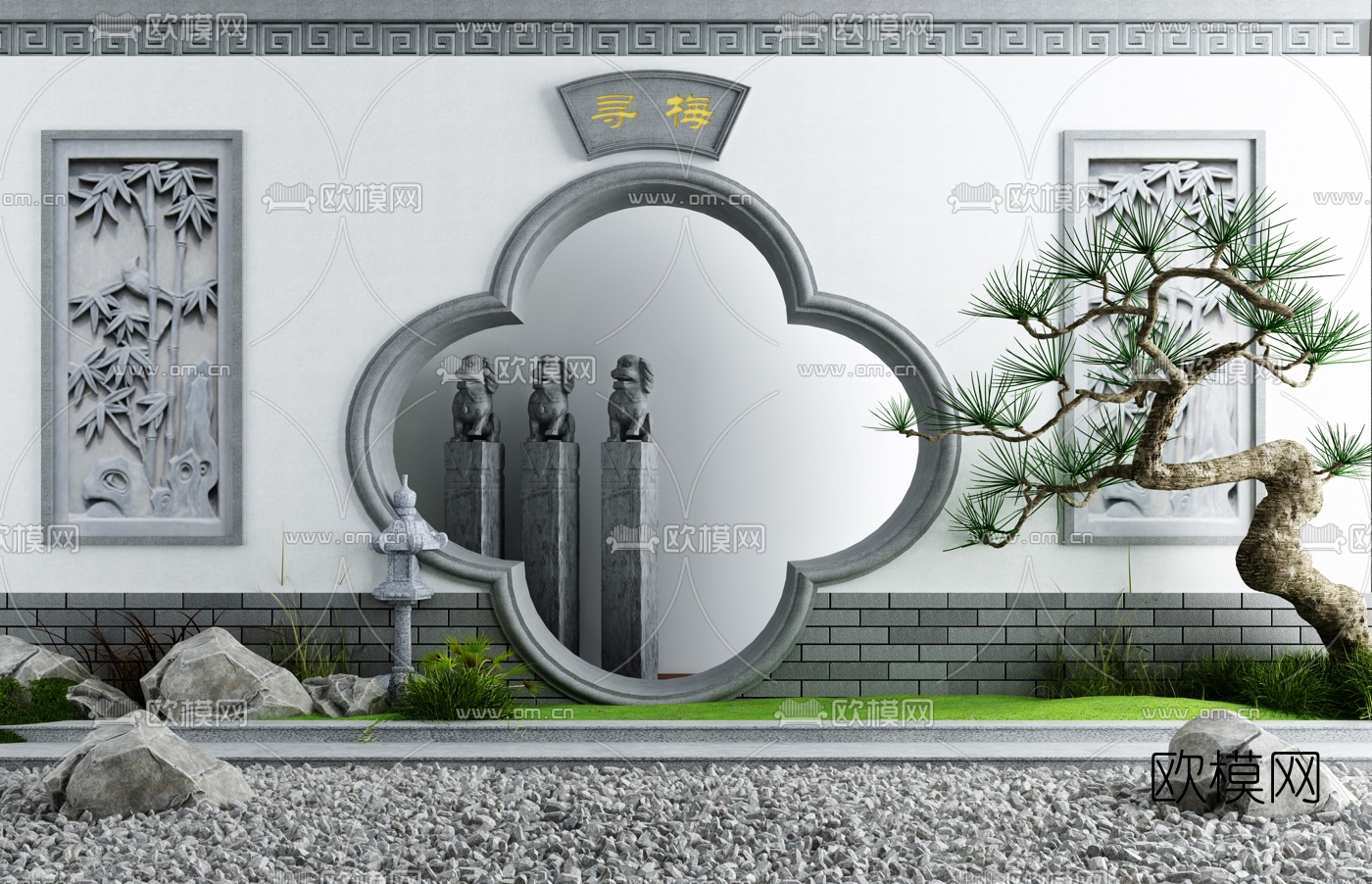 新中式月亮门景观小品3d模型下载