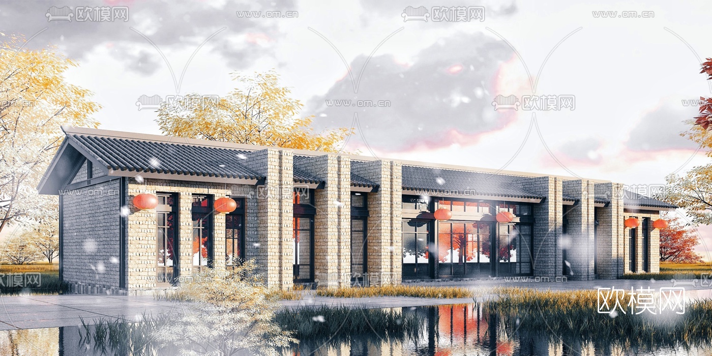 新中式农家乐民宿外观3d模型下载