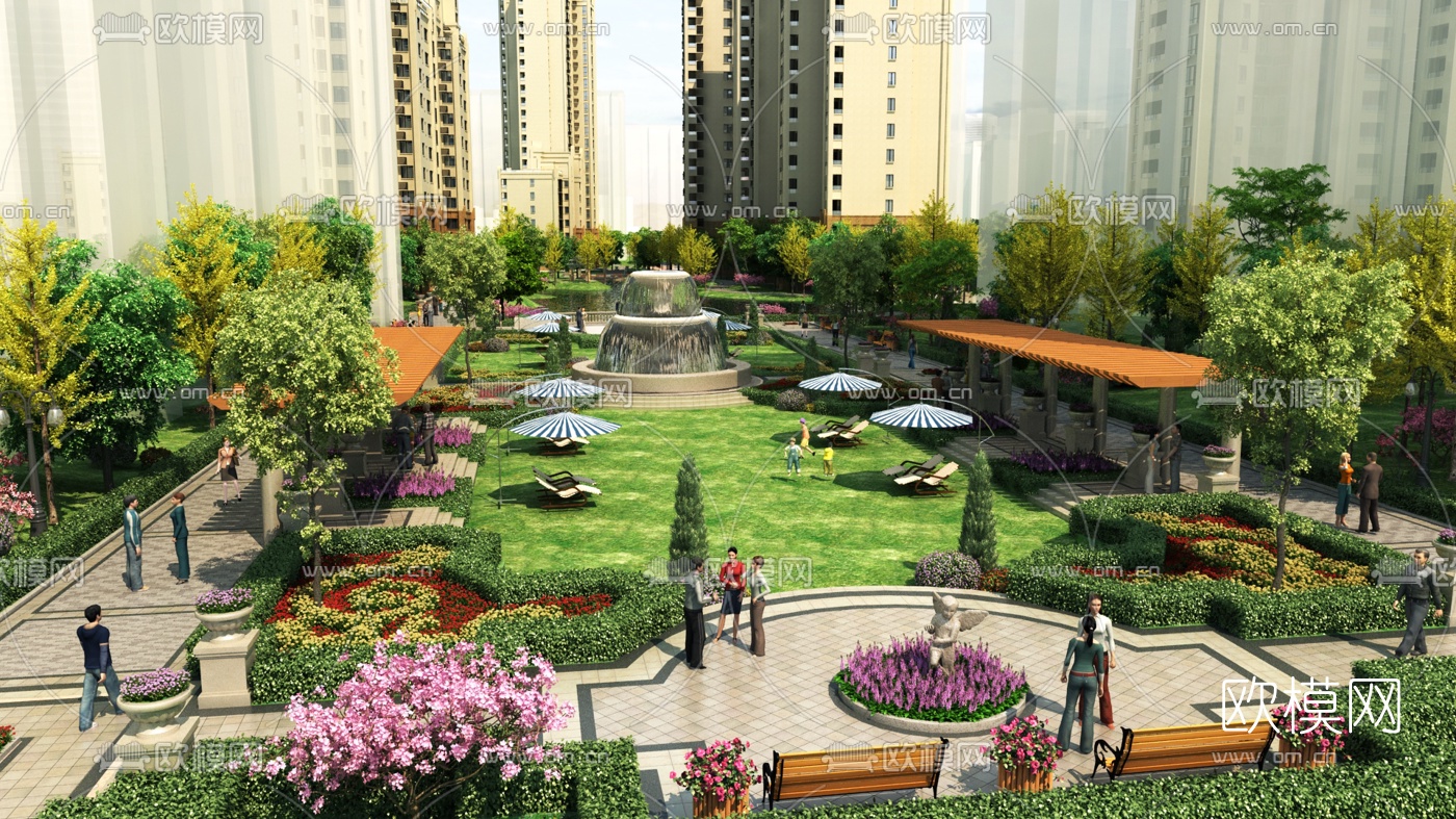 简欧小区绿化园林景观3d模型下载