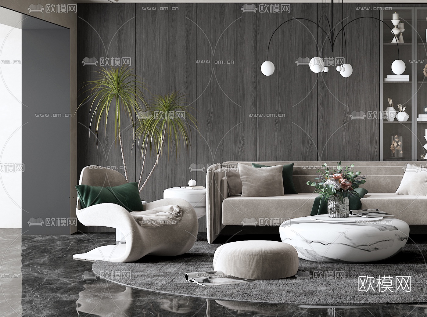 现代绒布沙发组合3d模型下载（渲染图2）