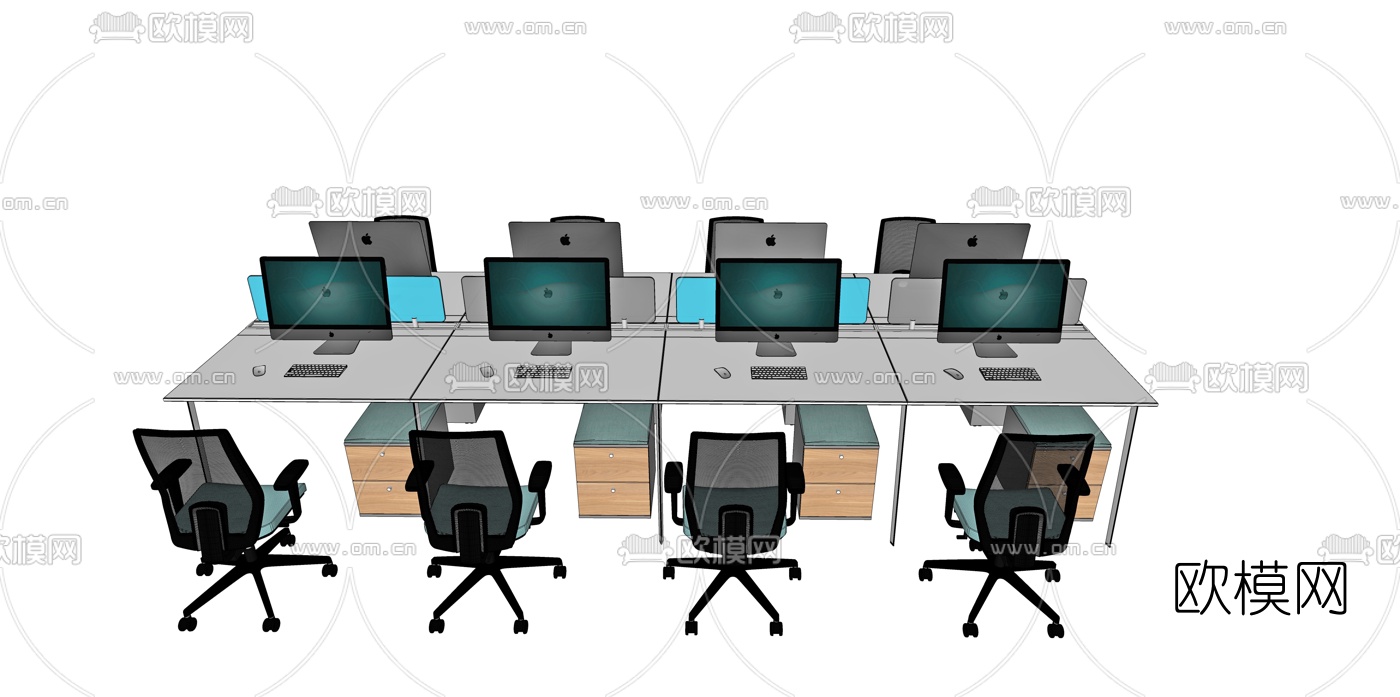 现代办公桌椅卡座su模型下载（渲染图1）