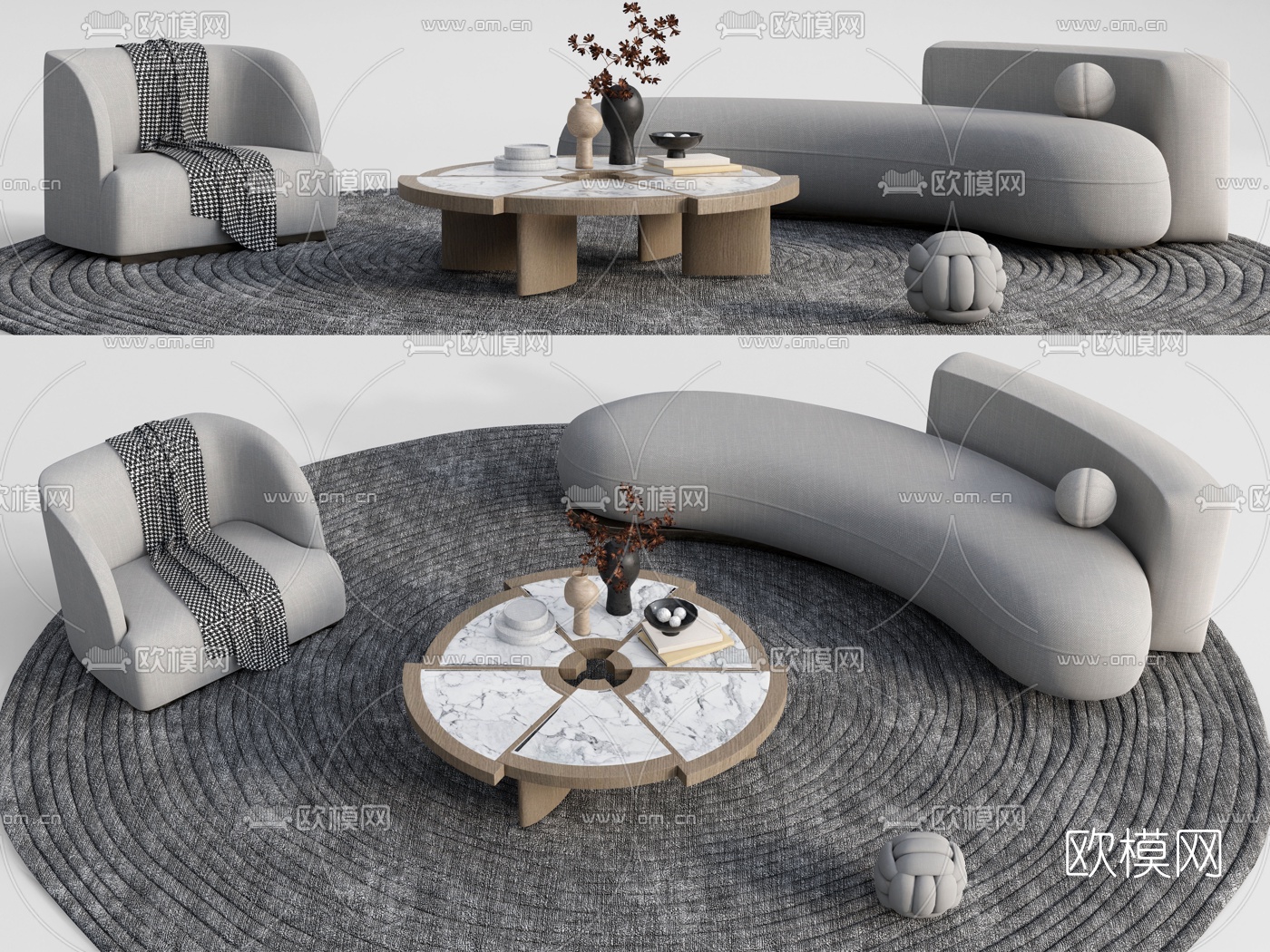 现代弧形沙发组合su模型-免费3dmax模型库-欧模网