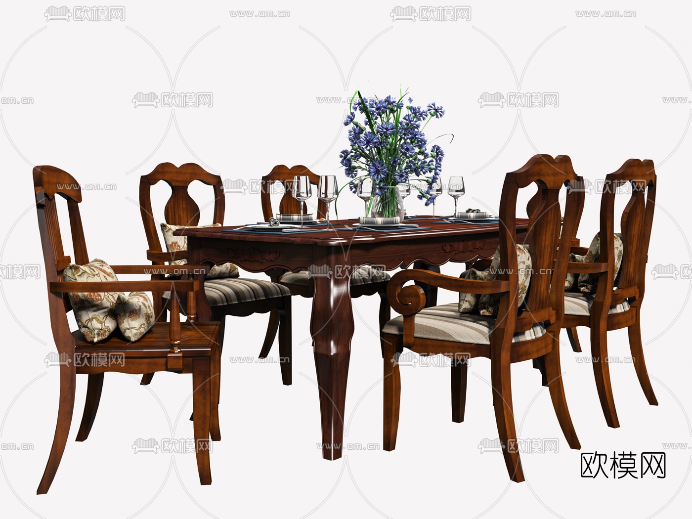 美式木质餐桌椅3d模型下载（渲染图3）