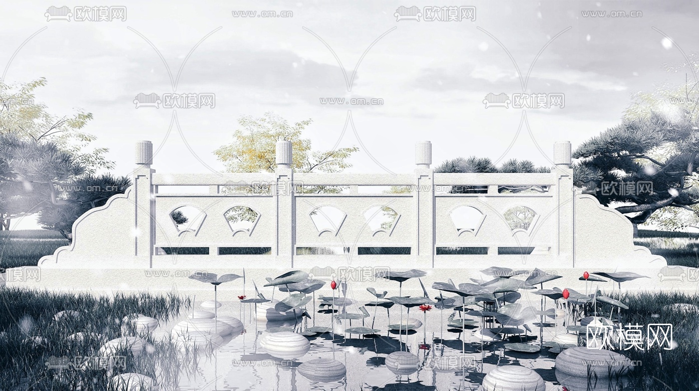 中式荷花池石栏杆护栏3d模型