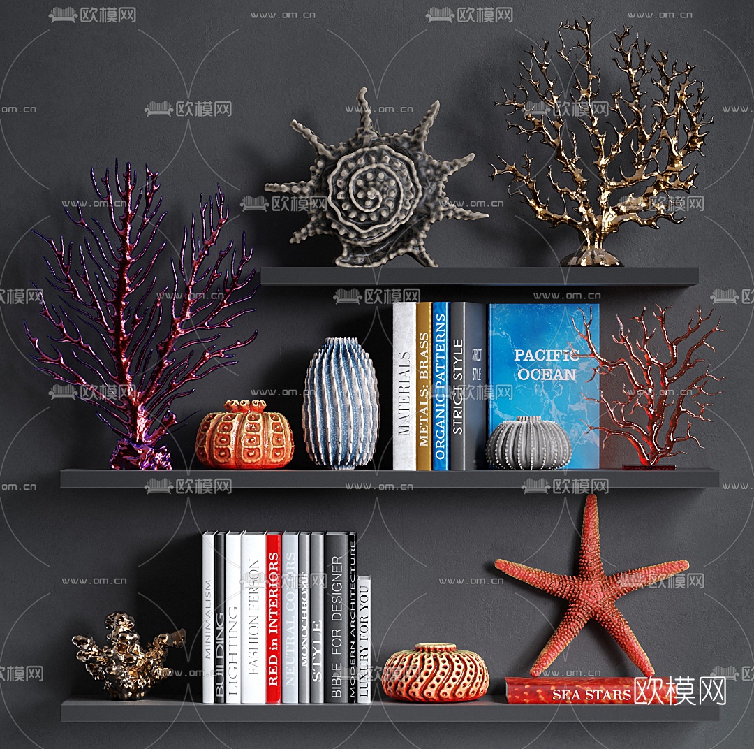 现代珊瑚海螺海星雕塑书籍摆件3d模型下载