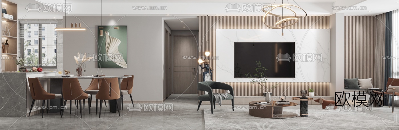 现代轻奢客厅餐厅3d模型