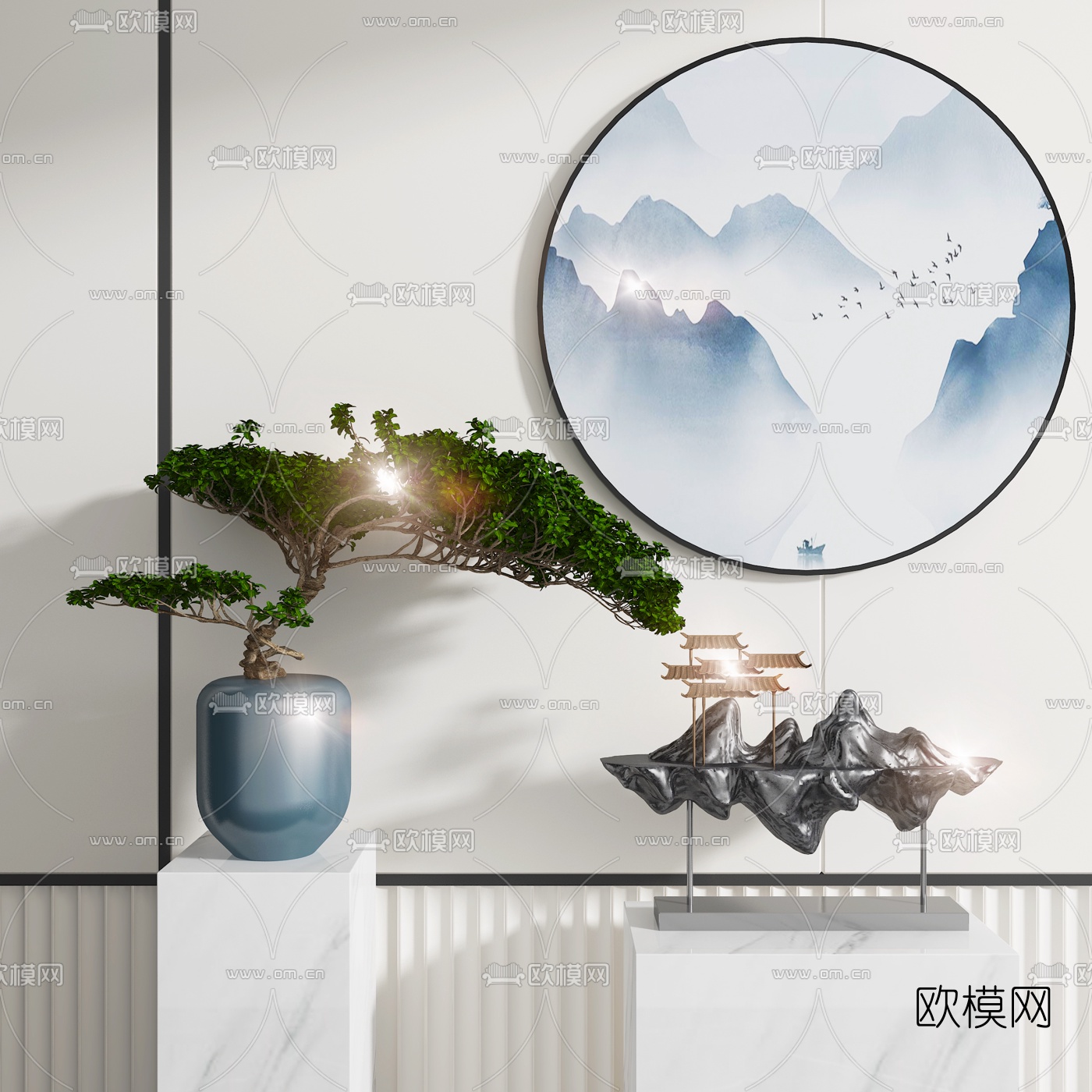 新中式松树盆栽假山雕塑摆件3d模型