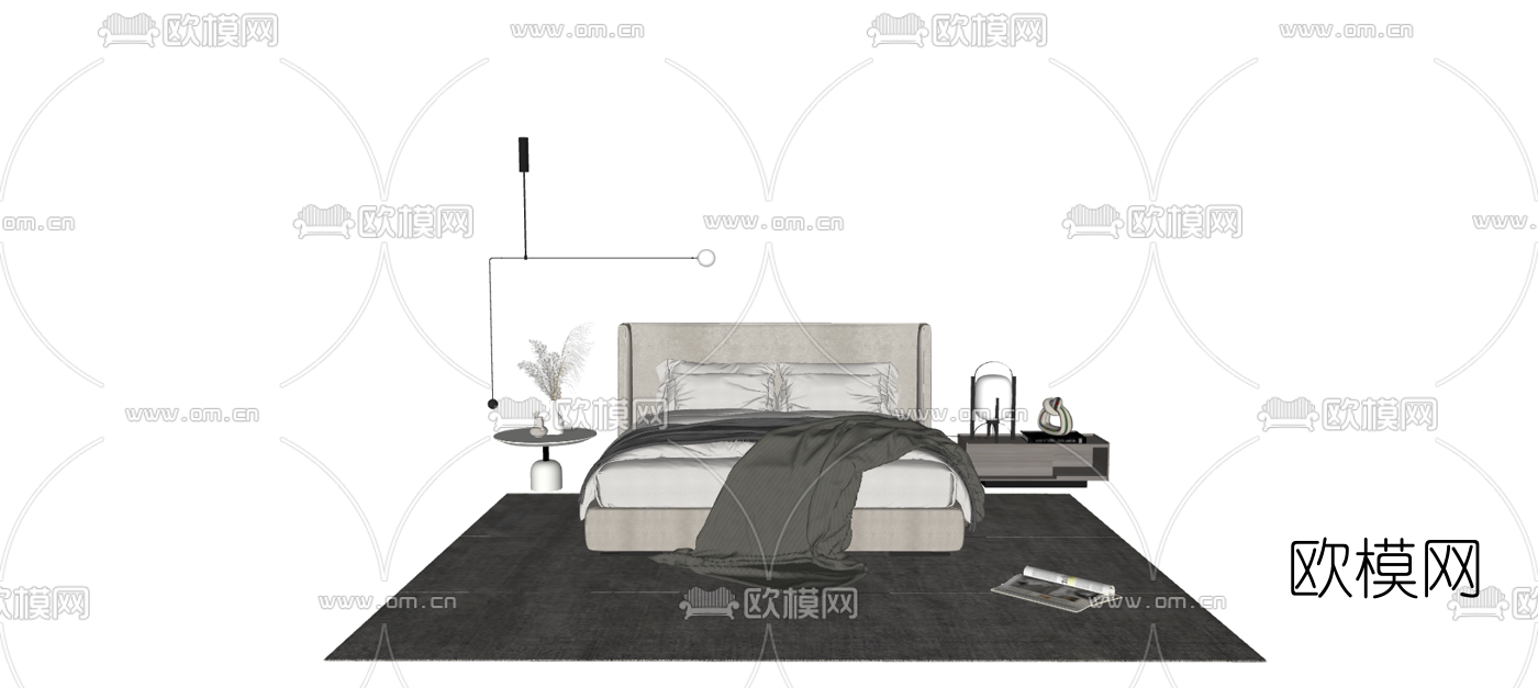 北欧布艺双人床su模型下载（渲染图1）