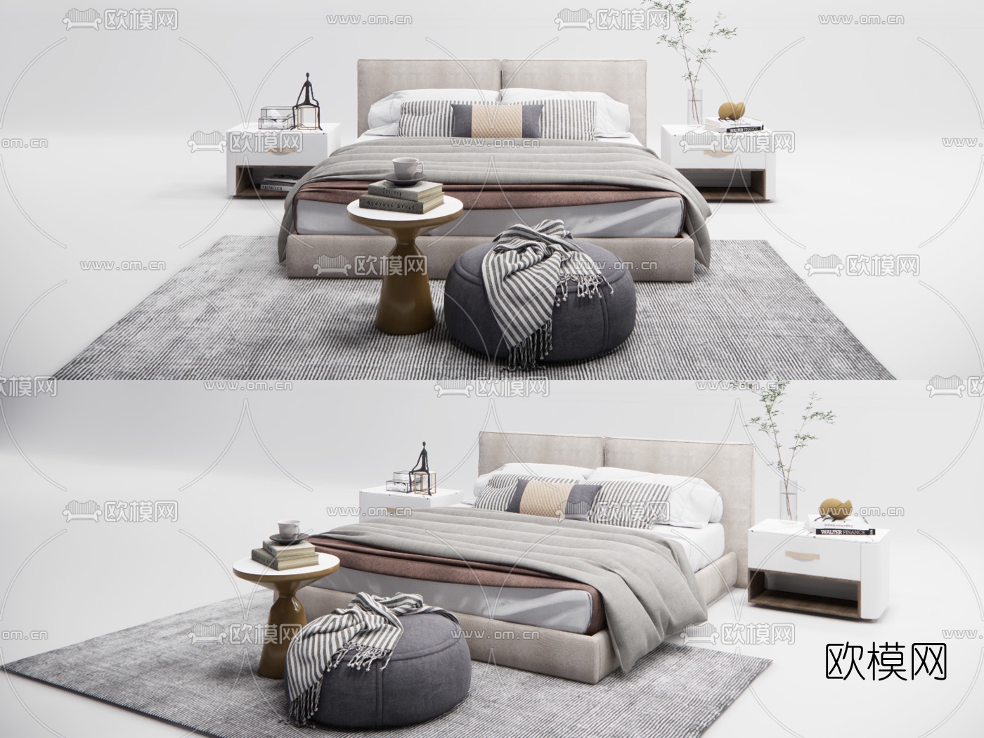 现代布艺双人床su模型下载（渲染图1）