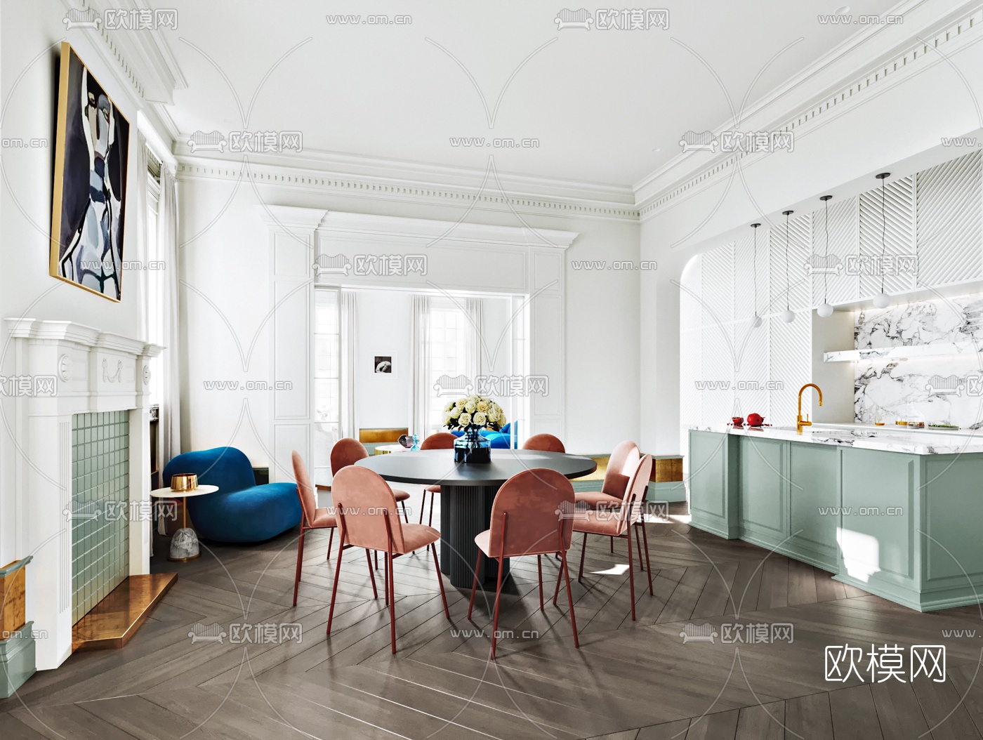 简欧混搭客厅餐厅3d模型下载（渲染图2）