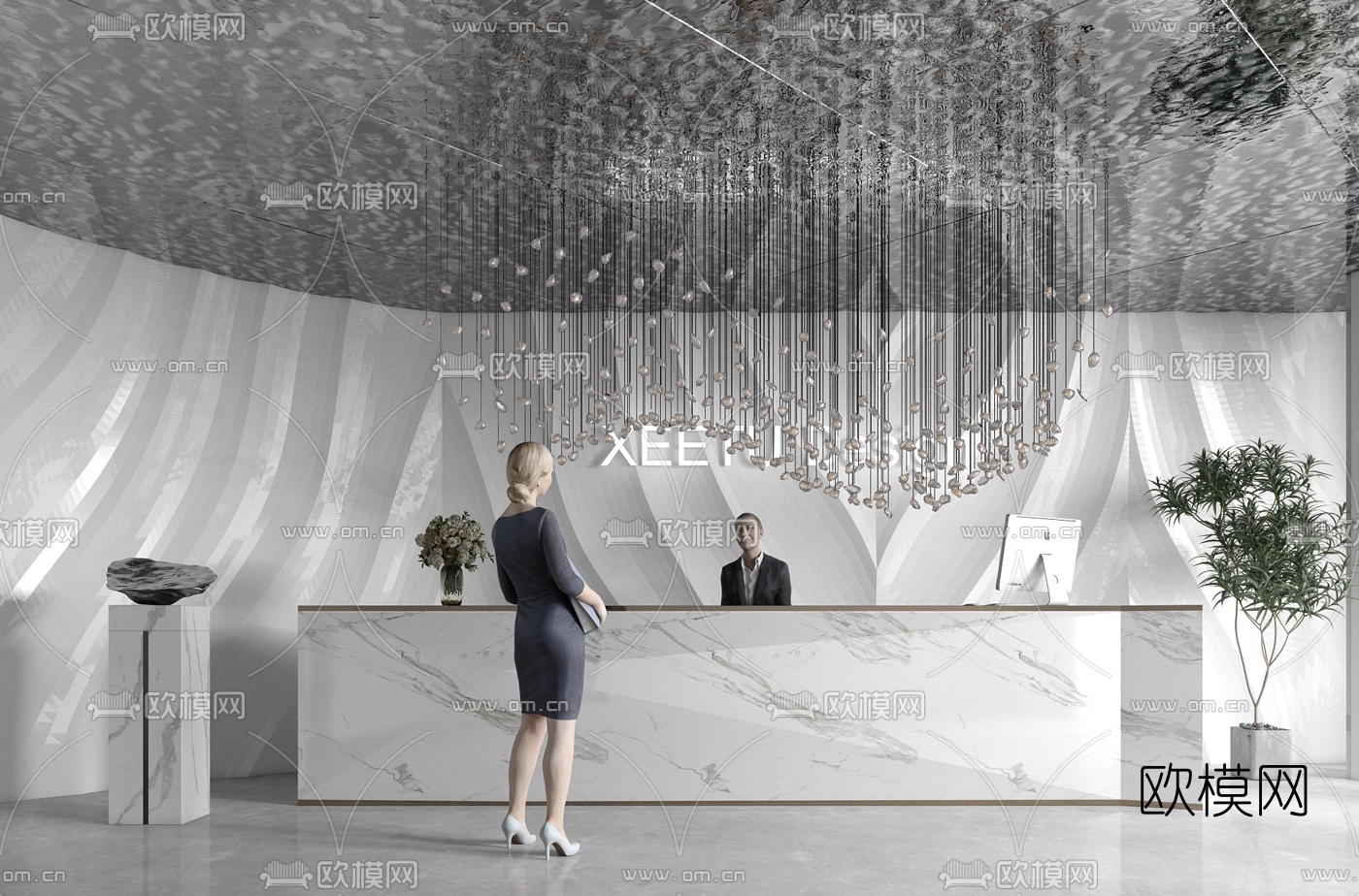 现代办公室前台大厅3d模型下载