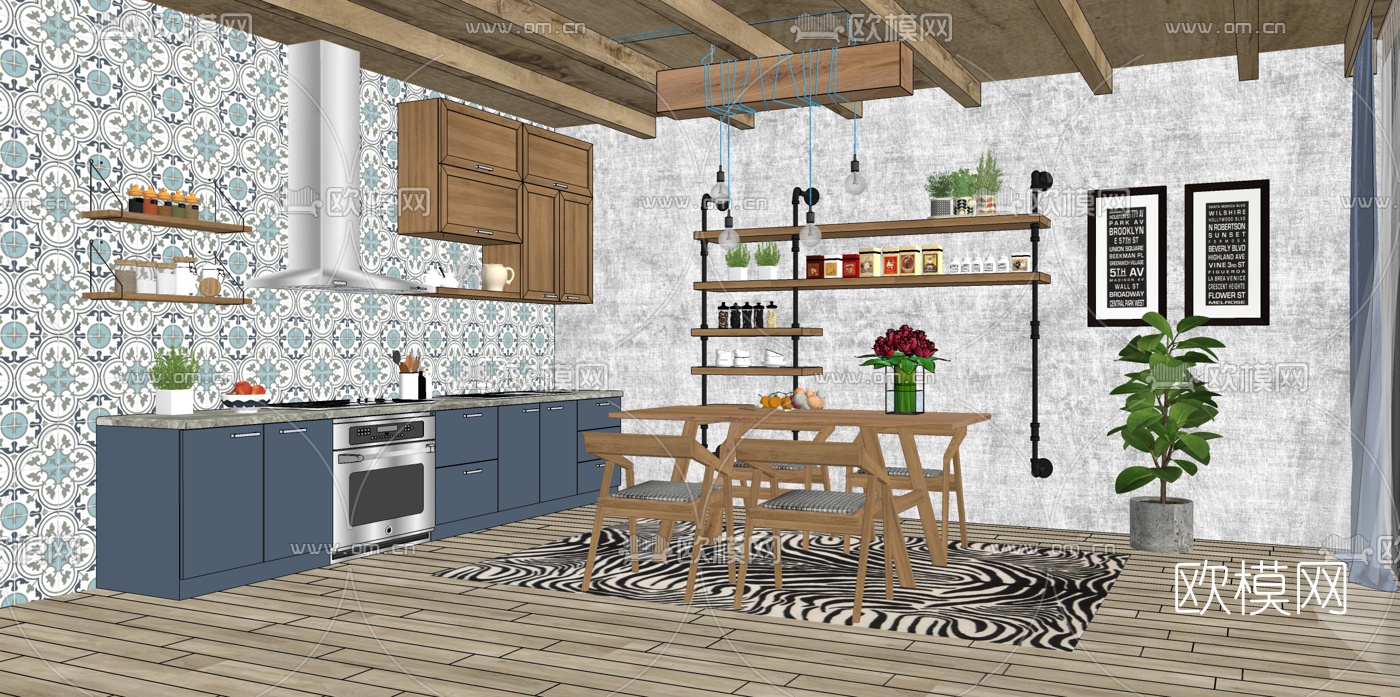 北欧开放式餐厅su模型下载（渲染图2）